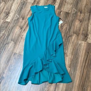 NWT Calvin Klein Ruffle Hem Midi Dress | Teal | 14